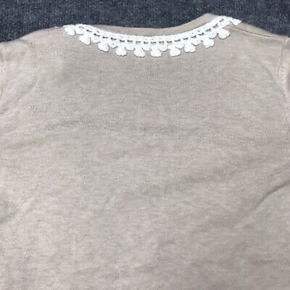 Banana Republic Tan Beige Cotton Knit Open Front Cardigan Lace Crochet Trim XS - Picture 9 of 14